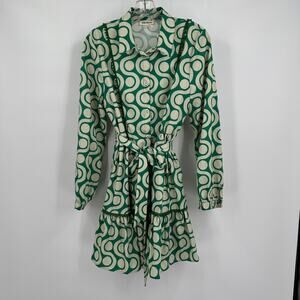 Pink Ripple Womens Mini Shirt Dress Sz L Green White Mod Geometric Groovy Belted